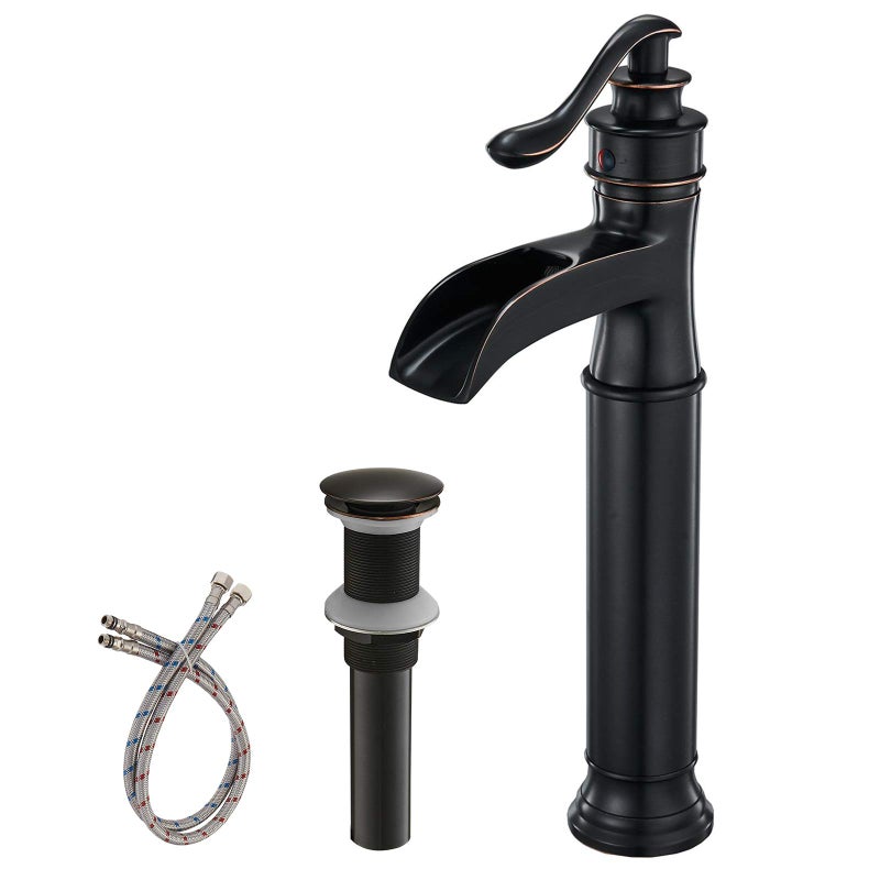 BWE Waterfall Spout Oil Rubbed Bronze Bathroom Faucet Single Handle One Hole Vessel Sink Faucet ORB Lavatory Faucets Deck Mount Tall Body Commercial - Image 1